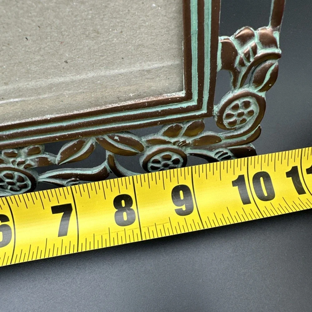 Vtg 8x10 Floral Cast Metal Picture Frame Copper Tone Turquoise Verdigris Photo